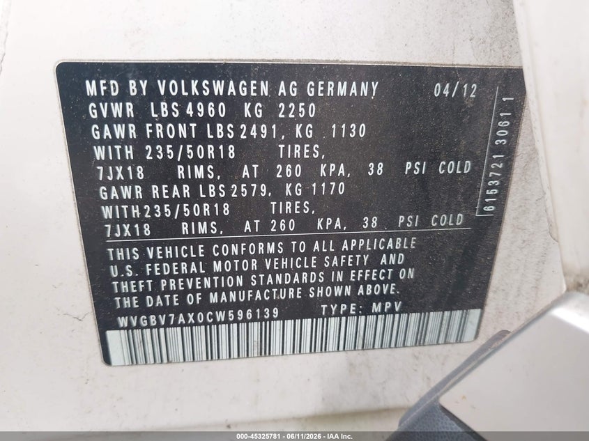 2012 Volkswagen Tiguan VIN WVGBV7AX0CW596139 IAAI salvage auction — FRONT END, Salvage (Idaho), sold $250 on 2026-07-15 (photo 9)