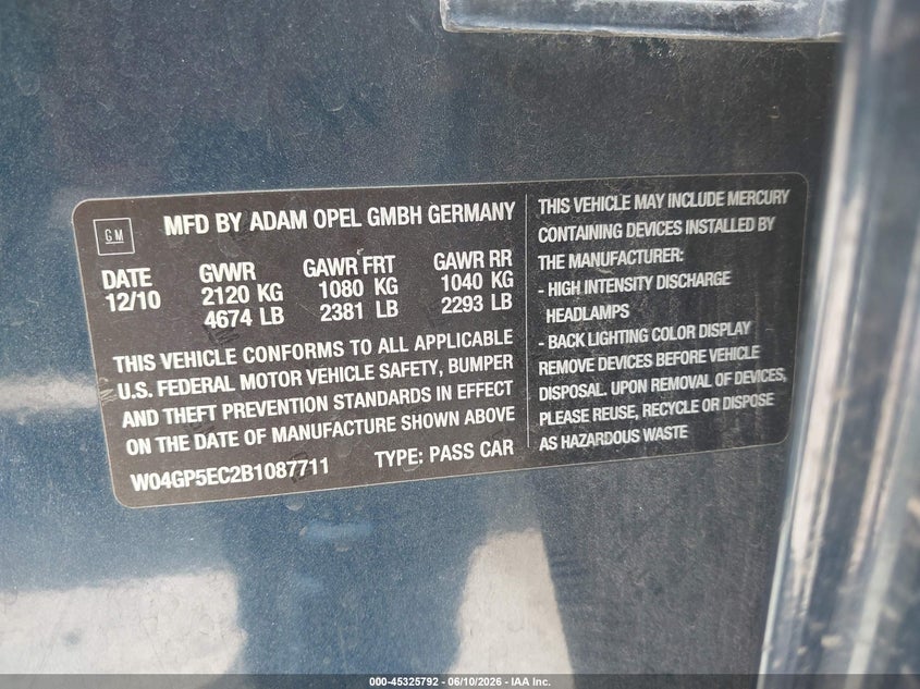 2011 Buick Regal VIN W04GP5EC2B1087711 IAAI salvage auction — FRONT END, Salvage (Missouri), sold $450 on 2026-07-22 (photo 9)