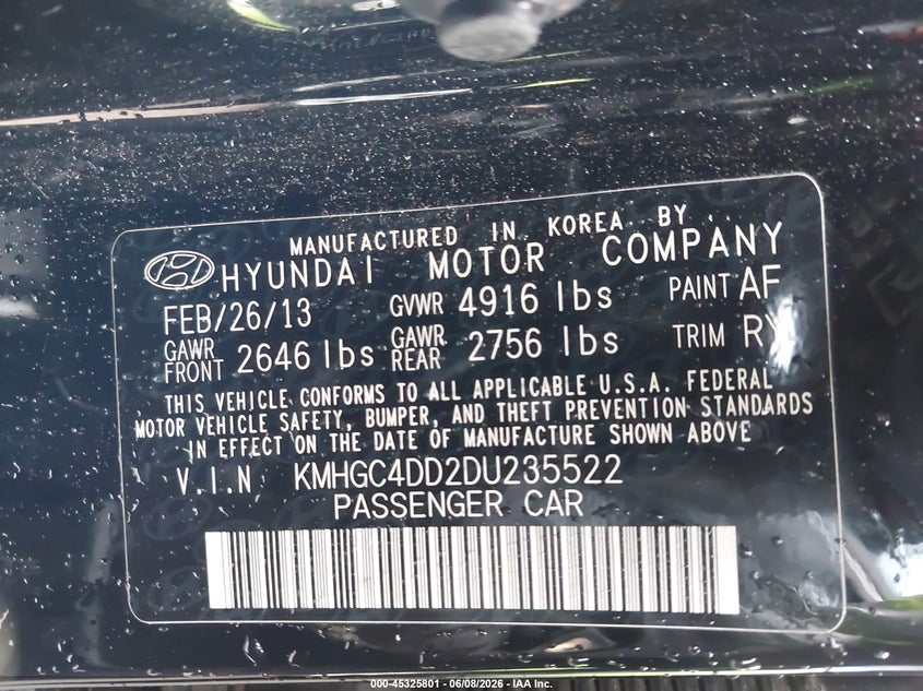 2013 Hyundai Genesis VIN KMHGC4DD2DU235522 IAAI salvage auction — FRONT END, Bill Of Sale (Washington), sold $400 on 2026-07-15 (photo 9)