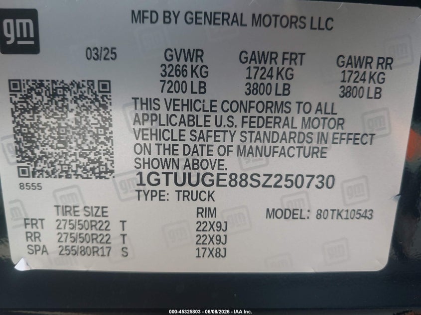 2025 Gmc SIERRA VIN 1GTUUGE88SZ250730 IAAI salvage auction — FRONT END, Salvage (California), sold $25,250 on 2026-07-29 (photo 9)