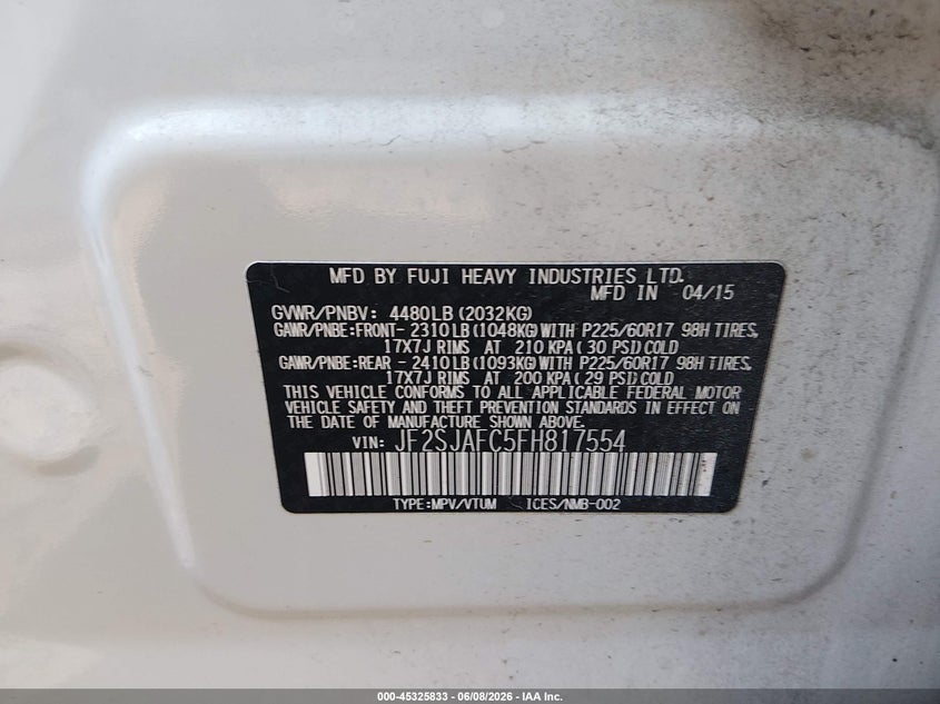 2015 Subaru Forester VIN JF2SJAFC5FH817554 IAAI salvage auction — NORMAL WEAR, Clear (Louisiana), sold $375 on 2026-07-28 (photo 9)