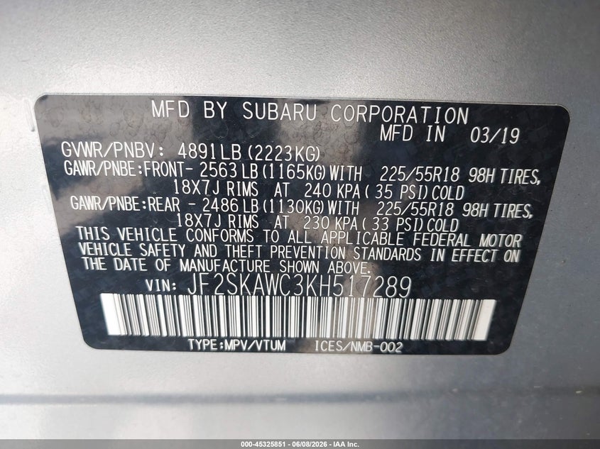 2019 Subaru Forester VIN JF2SKAWC3KH517289 IAAI salvage auction — FRONT & REAR, Salvage (California), sold $2,200 on 2026-07-29 (photo 9)