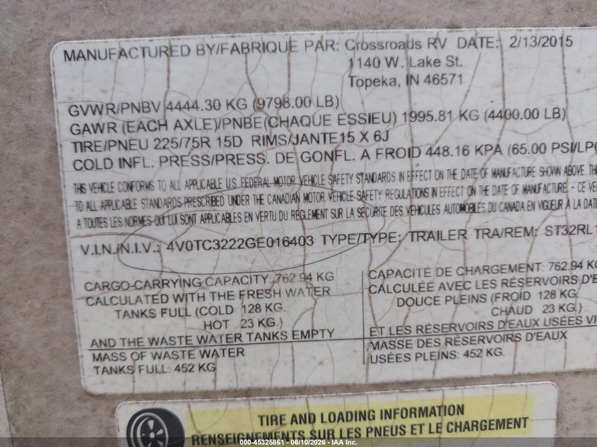 2016 Sunset Other VIN 4V0TC3222GE016403 IAAI salvage auction — WATER/FLOOD, Salvage (Texas), sold $3,550 on 2026-07-16 (photo 9)