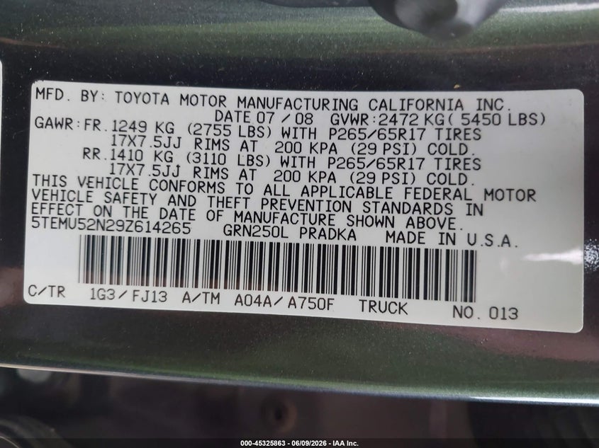 2009 Toyota Tacoma VIN 5TEMU52N29Z614265 IAAI salvage auction — FRONT & REAR, Salvage (Ohio), sold $3,750 on 2026-07-16 (photo 9)
