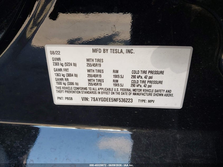 2022 Tesla Model y VIN 7SAYGDEE5NF536223 IAAI salvage auction — REAR END, Salvage (California), sold $9,600 on 2026-07-29 (photo 9)