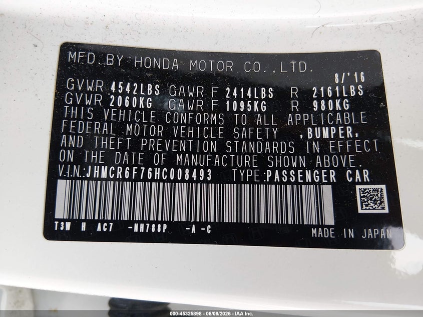 2017 Honda Accord VIN JHMCR6F76HC008493 IAAI salvage auction — FRONT END, Salvage (Virginia), sold $3,400 on 2026-07-17 (photo 9)