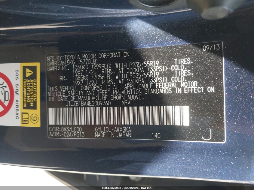 2014 Lexus Rx VIN JTJZB1BA4E2009760 IAAI salvage auction — REAR END, Salvage (California), sold $4,800 on 2026-07-29 (photo 9)