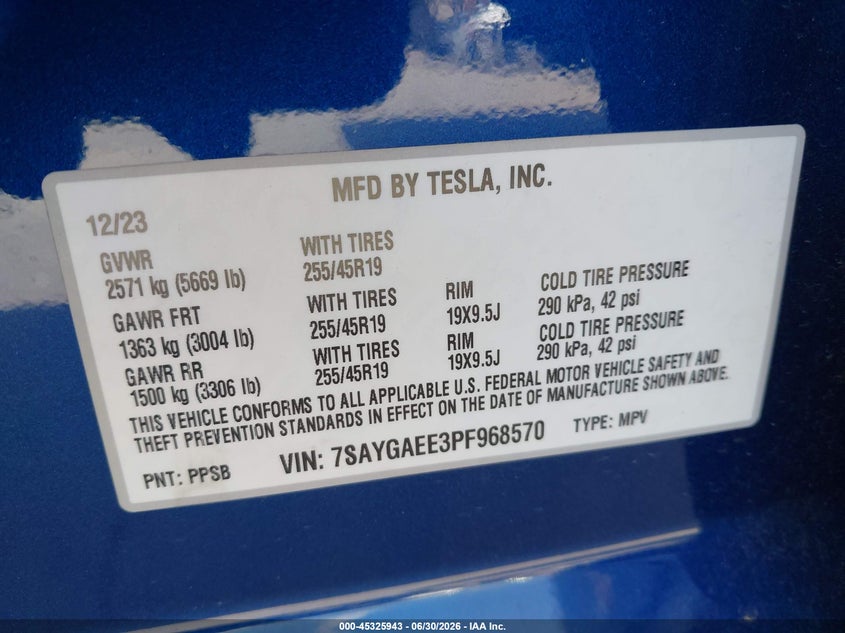 2023 Tesla Model y VIN 7SAYGAEE3PF968570 IAAI salvage auction — FRONT END, Salvage (Texas), sold $12,100 on 2026-07-13 (photo 9)