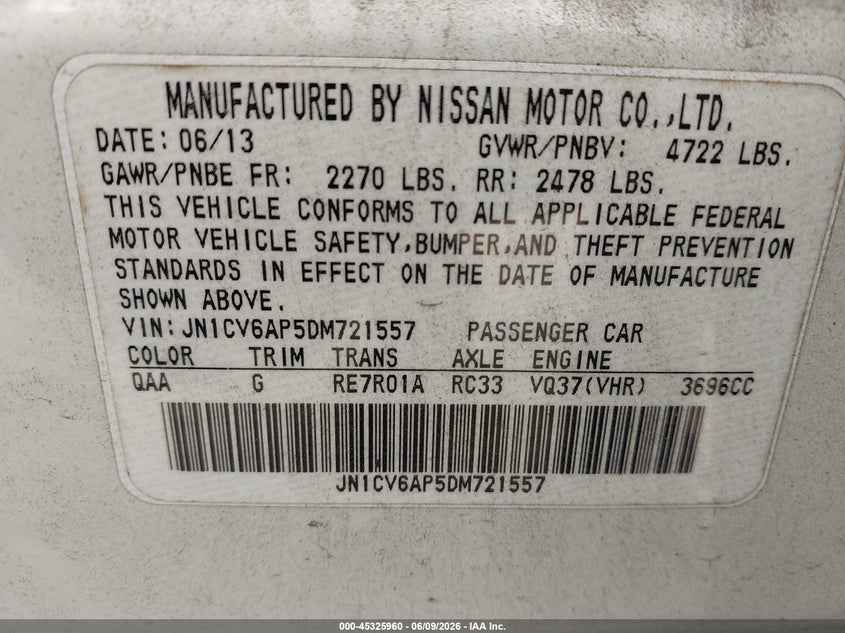 2013 Infiniti G VIN JN1CV6AP5DM721557 IAAI salvage auction — FRONT & REAR, Salvage (Idaho), sold $25 on 2026-07-27 (photo 9)