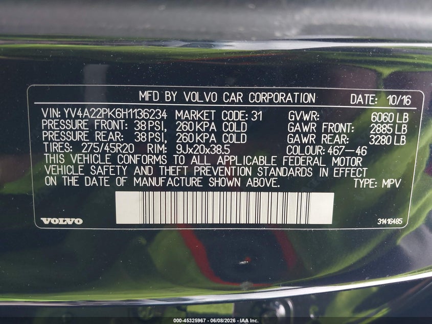 2017 Volvo Xc90 VIN YV4A22PK6H1136234 IAAI salvage auction — NORMAL WEAR, Clear (Maryland), sold $3,650 on 2026-07-09 (photo 9)