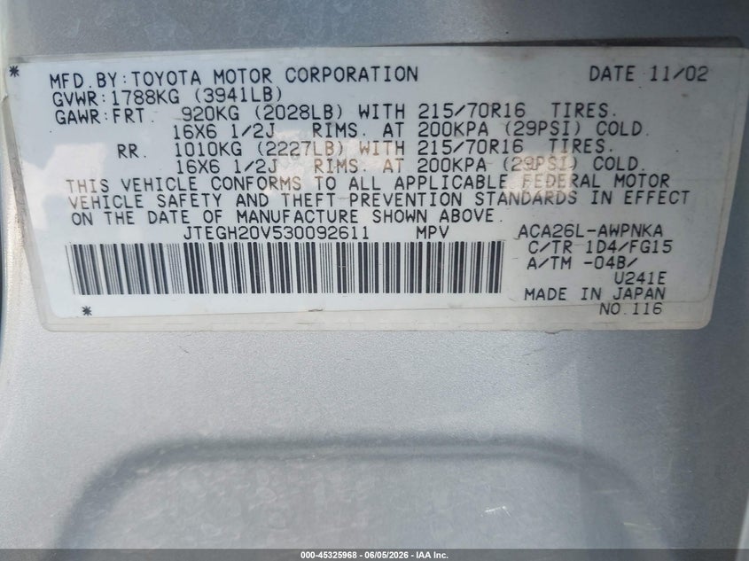 2003 Toyota Rav4 VIN JTEGH20V530092611 IAAI salvage auction — NORMAL WEAR, Clear (Texas), sold $425 on 2026-07-10 (photo 9)