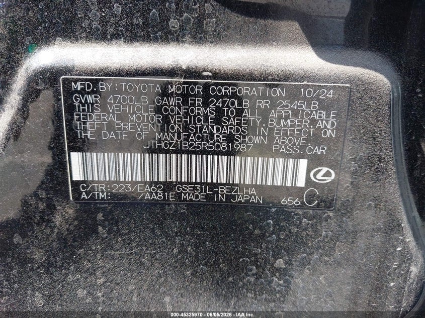 2024 Lexus Is VIN JTHGZ1B25R5081987 IAAI salvage auction — LEFT & RIGHT, Salvage (California), sold $13,500 on 2026-07-22 (photo 9)