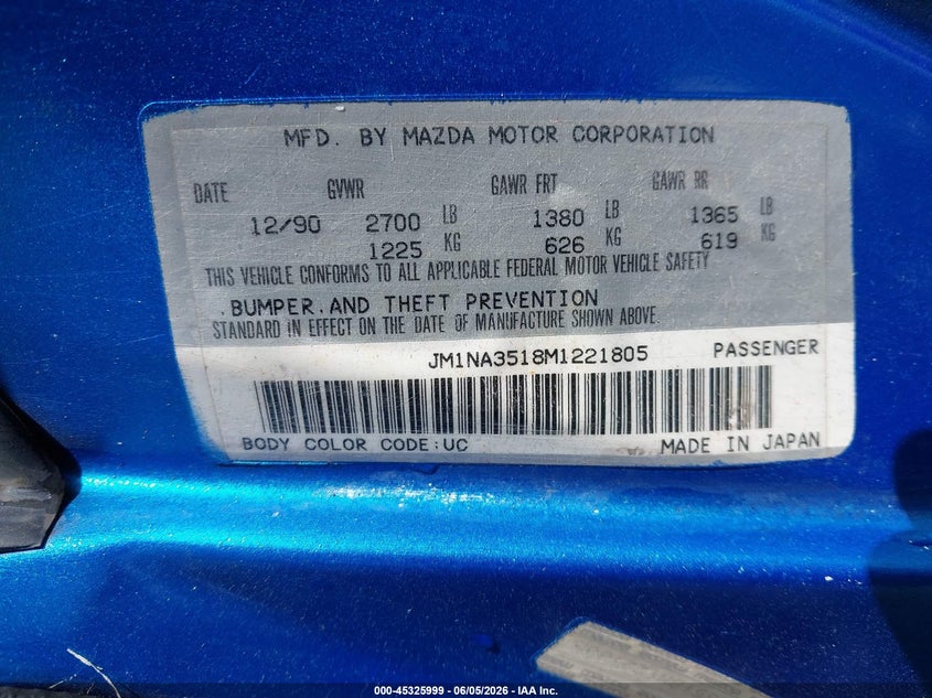 1991 Mazda Mx-5 miata VIN JM1NA3518M1221805 IAAI salvage auction — NORMAL WEAR, Salvage (California), sold $225 on 2026-07-13 (photo 9)
