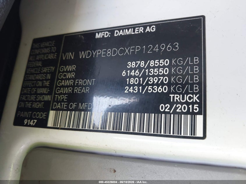 2015 Freightliner Sprinter 2500 VIN WDYPE8DCXFP124963 IAAI salvage auction — NORMAL WEAR, Clear (New York), sold $25 on 2026-07-30 (photo 4)