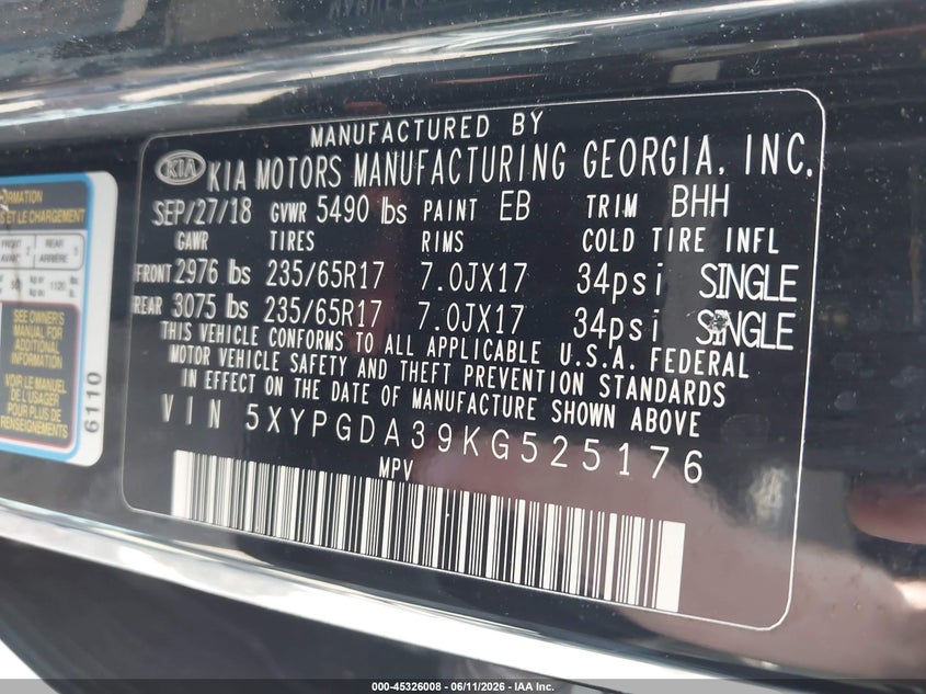 2019 Kia Sorento VIN 5XYPGDA39KG525176 IAAI salvage auction — FRONT END, Mv-907A (New York), sold $2,150 on 2026-07-30 (photo 9)