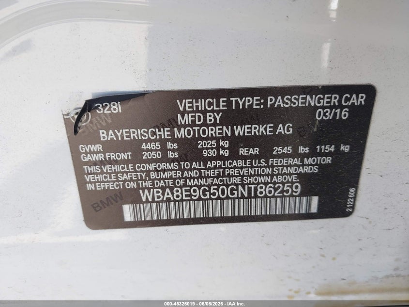 2016 BMW 3er VIN WBA8E9G50GNT86259 IAAI salvage auction — FRONT END, Salvage Title, sold $3,450 on 2026-07-30 (photo 9)