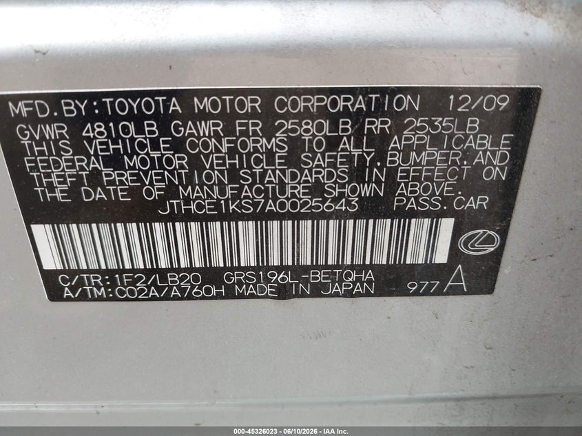 2010 Lexus Gs 350 VIN JTHCE1KS7A0025643 IAAI salvage auction — FRONT END, Prior Salvage (Minnesota), sold $600 on 2026-08-02 (photo 9)