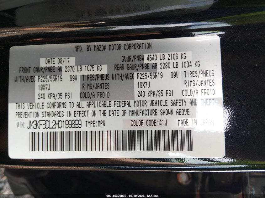 2017 Mazda Cx-5 VIN JM3KFBDL2H0199899 IAAI salvage auction — RIGHT REAR, Salvage (Ohio), sold $4,300 on 2026-07-08 (photo 9)