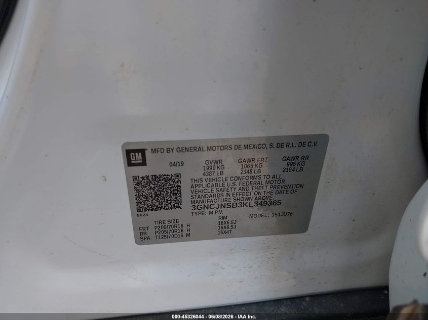 2019 Chevrolet Trax VIN 3GNCJNSB3KL349365 IAAI salvage auction — FRONT END, Clear (Michigan), sold $825 on 2026-07-26 (photo 9)