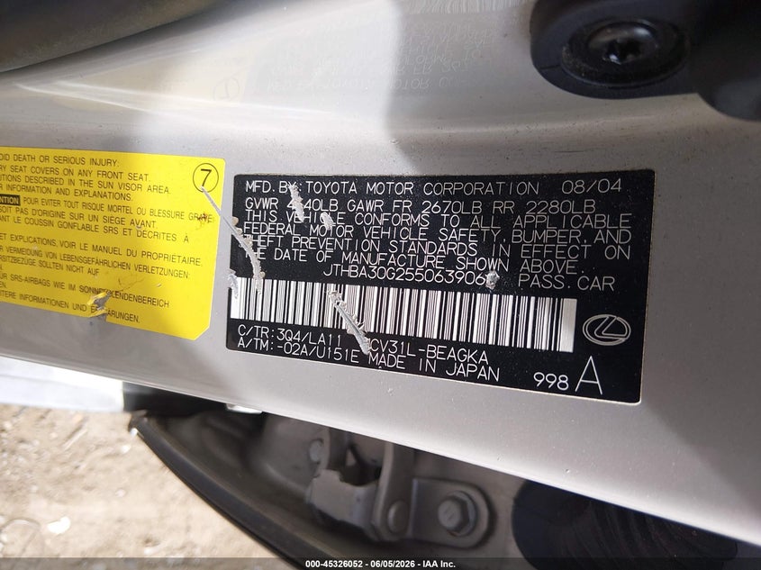 2005 Lexus ES VIN JTHBA30G255063906 IAAI salvage auction — NORMAL WEAR, Clear (Tennessee), sold $975 on 2026-07-16 (photo 9)