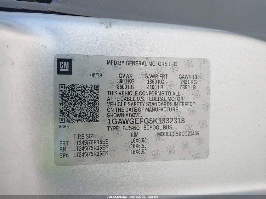 2019 Chevrolet Express 2500 VIN 1GAWGEFG5K1332318 IAAI salvage auction — NORMAL WEAR, Sf97 (Indiana), sold $14,200 on 2026-07-15 (photo 9)