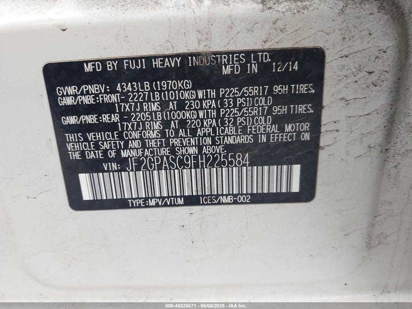 2015 Subaru Xv VIN JF2GPASC9FH225584 IAAI salvage auction — REAR END, Salvage Title, sold $3,300 on 2026-07-17 (photo 9)