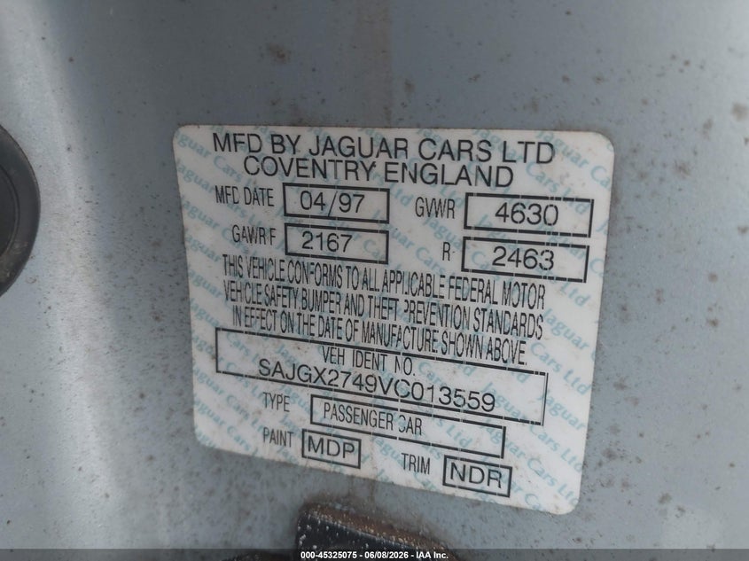1997 Jaguar Xk series VIN SAJGX2749VC013559 IAAI salvage auction — NORMAL WEAR, Rebuildable (Florida), sold $1,100 on 2026-07-08 (photo 9)