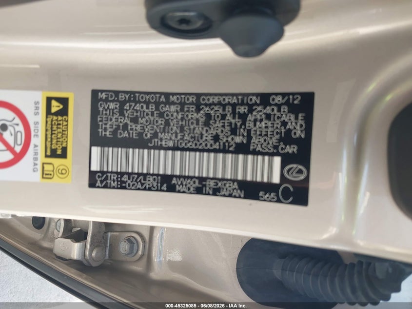 2013 Lexus ES VIN JTHBW1GG6D2004112 IAAI salvage auction — REAR END, Salvage (California), sold $4,150 on 2026-07-09 (photo 9)