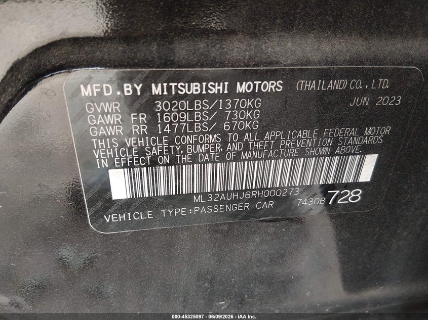 2024 Mitsubishi Mirage VIN ML32AUHJ6RH000273 IAAI salvage auction — FRONT END, Salvage Title, sold $2,100 on 2026-07-09 (photo 9)