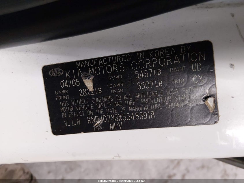 2005 Kia Sorento VIN KNDJD733X55483918 IAAI salvage auction — FRONT END, Salvage (Arizona), sold $250 on 2026-07-14 (photo 9)
