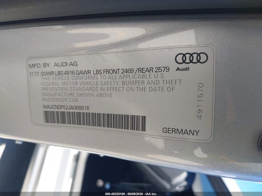 2018 Audi A5 VIN WAUCNDF52JA066616 IAAI salvage auction — FRONT END, Salvage Title, sold $7,250 on 2026-07-20 (photo 9)