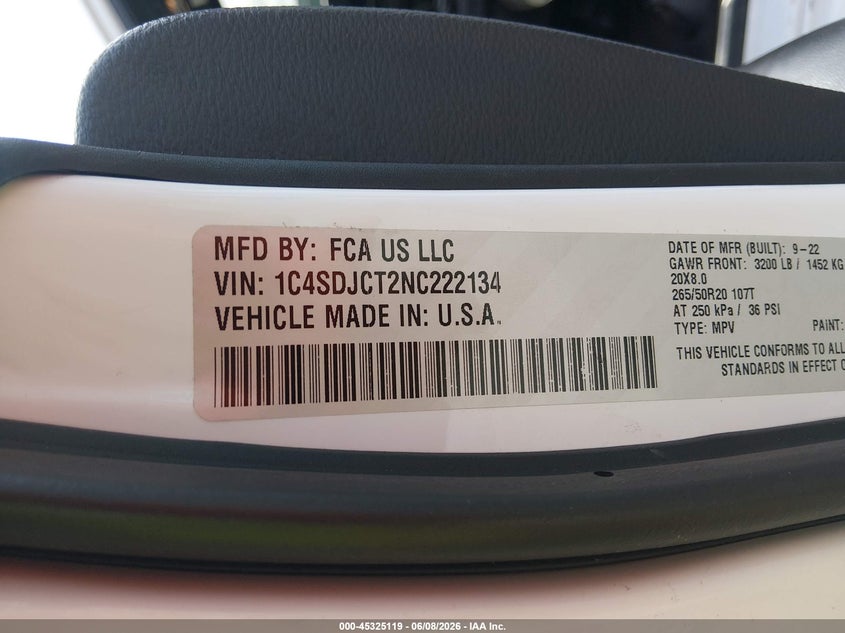 2022 Dodge Durango VIN 1C4SDJCT2NC222134 IAAI salvage auction — FRONT END, Wait Title, sold $12,600 on 2026-08-30 (photo 9)