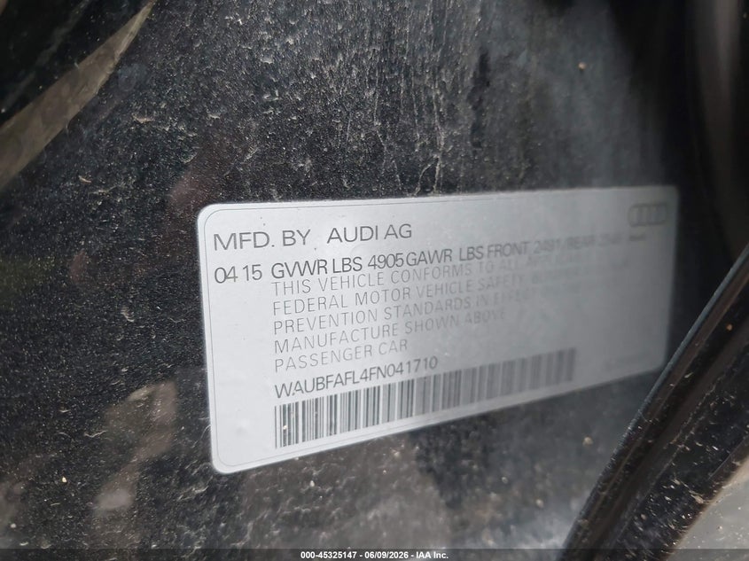 2015 Audi A4 VIN WAUBFAFL4FN041710 IAAI salvage auction — RIGHT REAR, Clear (Indiana), sold $1,175 on 2026-07-15 (photo 9)