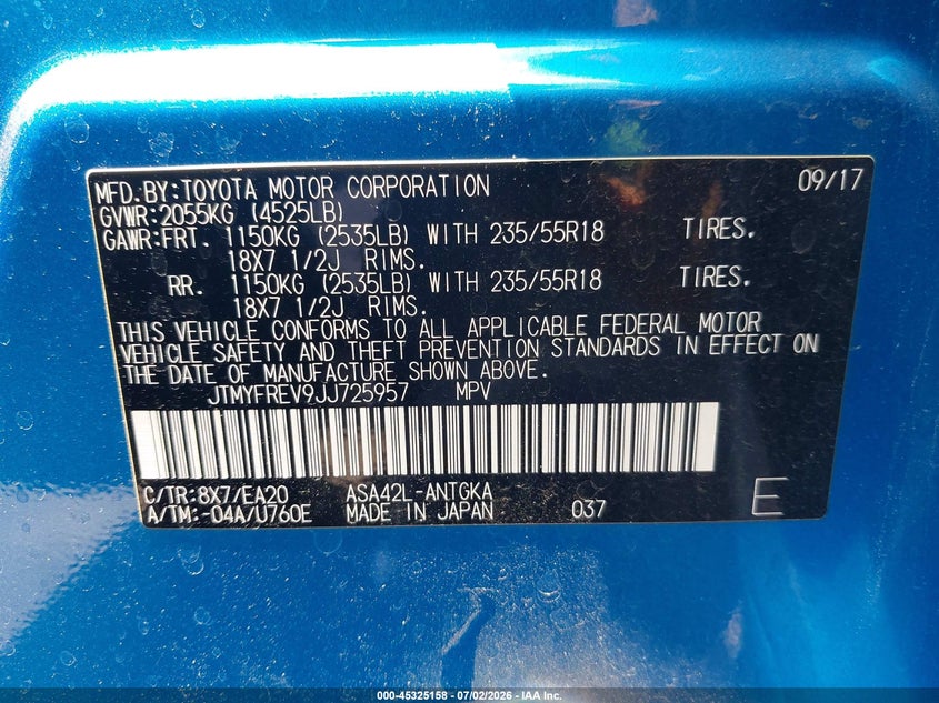2018 Toyota Rav 4 VIN JTMYFREV9JJ725957 IAAI salvage auction — RIGHT FRONT, Salvage Certificate (California), sold $4,650 on 2026-07-15 (photo 9)