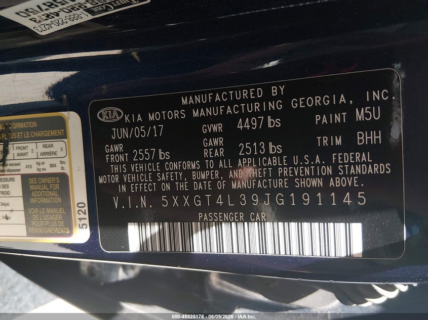2018 Kia Optima VIN 5XXGT4L39JG191145 IAAI salvage auction — THEFT, Certificate Of Title (Nebraska), sold $1,800 on 2026-07-16 (photo 9)