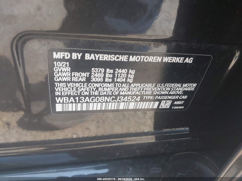 2022 BMW 5er VIN WBA13AG08NCJ34524 IAAI salvage auction — REAR END, Salvage Title, sold $13,600 on 2026-07-30 (photo 9)