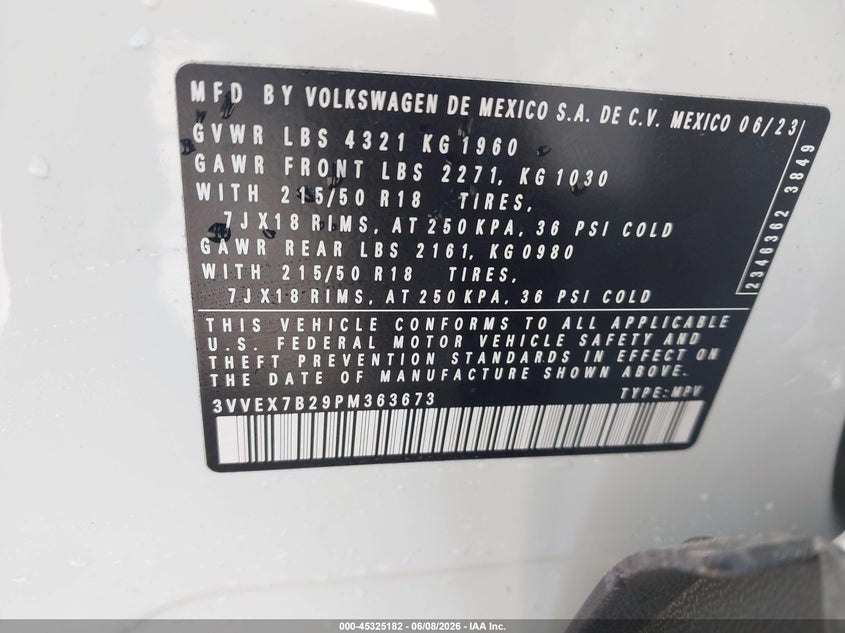 2023 Volkswagen Taos VIN 3VVEX7B29PM363673 IAAI salvage auction — FRONT END, Salvage - Greater Than 75% (Maryland), sold $4,750 on 2026-07-24 (photo 9)