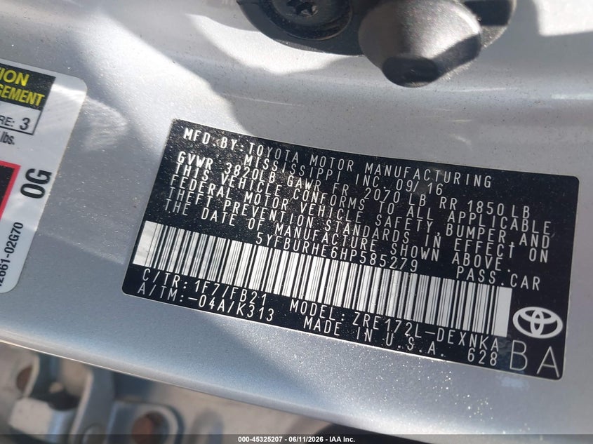2017 Toyota Corolla VIN 5YFBURHE6HP585279 IAAI salvage auction — UNKNOWN, Salvage (Massachusetts), sold $3,350 on 2026-07-10 (photo 9)