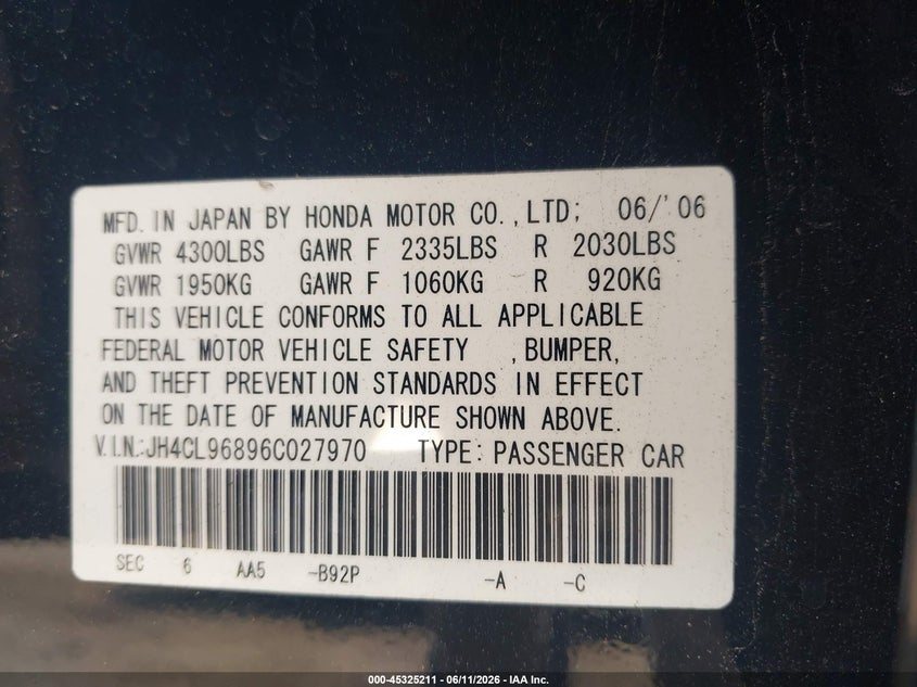 2006 Acura Tsx VIN JH4CL96896C027970 IAAI salvage auction — FRONT END, Clear (Virginia), sold $375 on 2026-07-22 (photo 9)