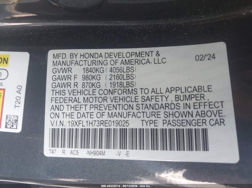 2024 Honda Civic VIN 19XFL1H73RE019025 IAAI salvage auction — FRONT END, Salvage Title, sold $6,200 on 2026-07-24 (photo 9)