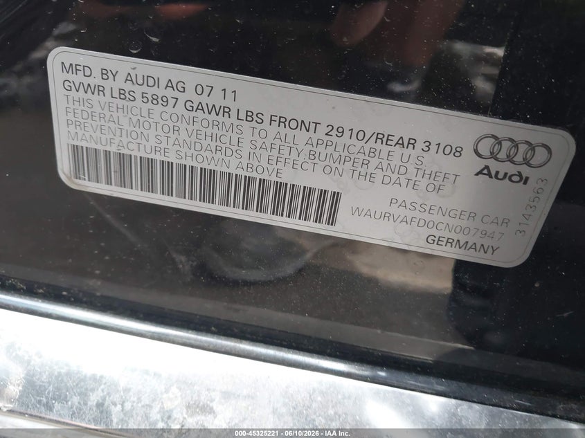 2012 Audi A8 VIN WAURVAFD0CN007947 IAAI salvage auction — FRONT END, Salvage (North Carolina), sold $2,200 on 2026-07-27 (photo 9)