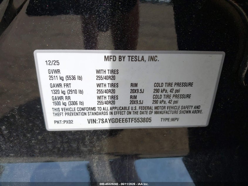 2026 Tesla Model y VIN 7SAYGDEE6TF553805 IAAI salvage auction — REAR END, Salvage (Idaho), sold $15,800 on 2026-07-29 (photo 9)