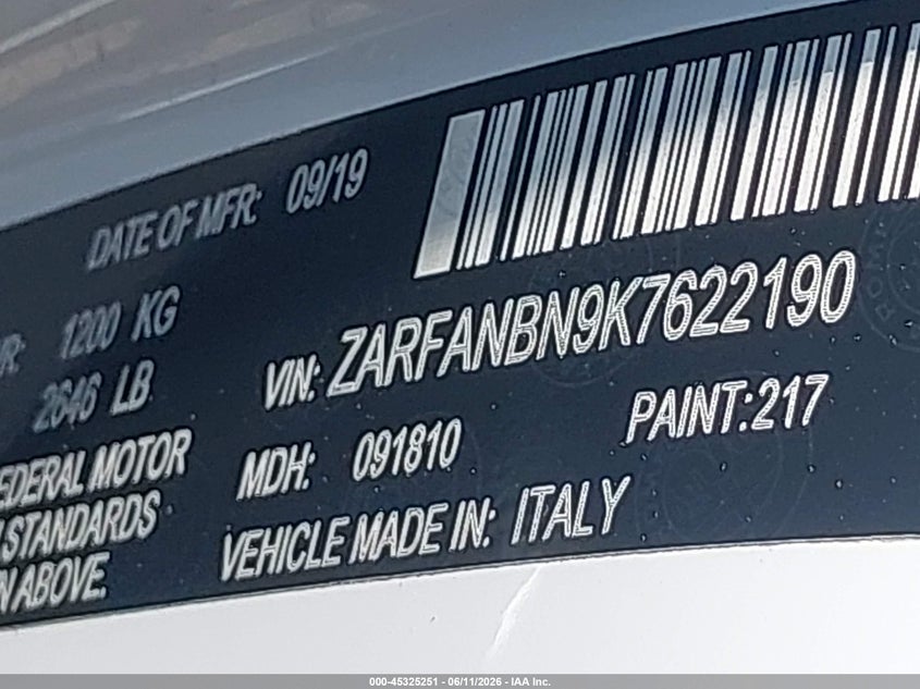 2019 Alfa romeo Giulia VIN ZARFANBN9K7622190 IAAI salvage auction — FRONT END, Mv-907A (New York), sold $2,725 on 2026-07-28 (photo 9)