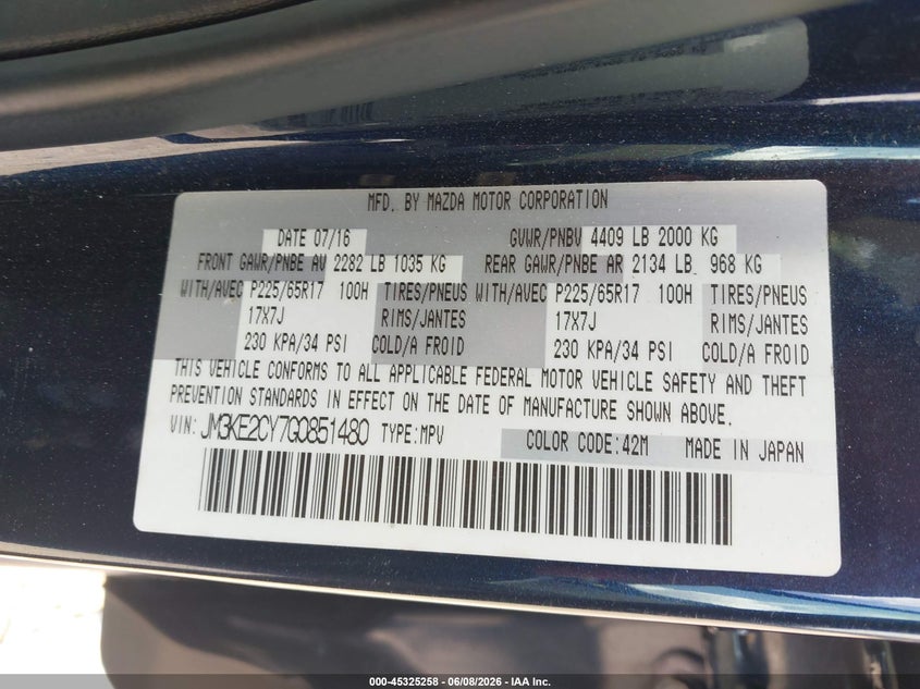 2016 Mazda Cx-5 VIN JM3KE2CY7G0851480 IAAI salvage auction — FRONT END, Salvage (Texas), sold $2,650 on 2026-07-28 (photo 9)