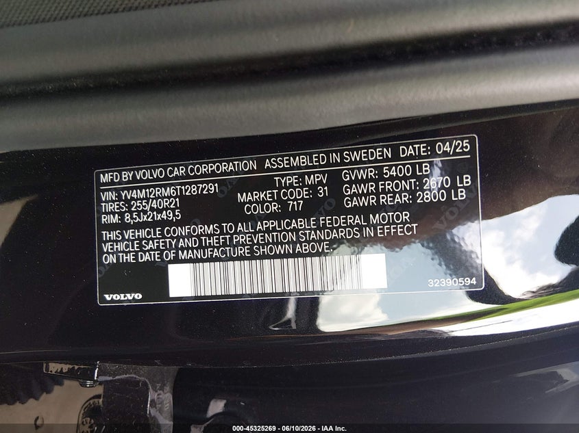 2026 Volvo Xc60 VIN YV4M12RM6T1287291 IAAI salvage auction — HAIL, Salvage (Ohio), sold $28,200 on 2026-07-14 (photo 9)