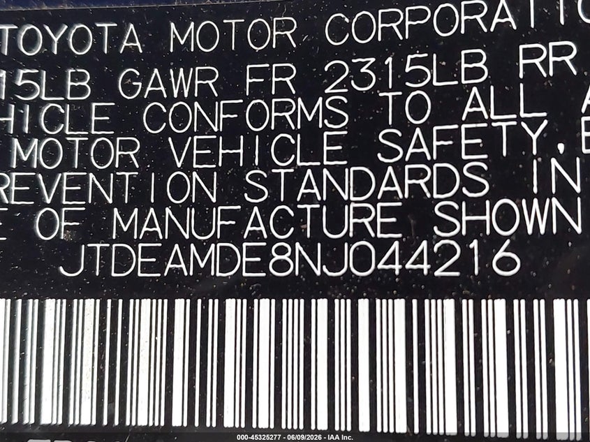 2022 Toyota Corolla VIN JTDEAMDE8NJ044216 IAAI salvage auction — FRONT END, Salvage (Virginia), sold $4,550 on 2026-07-20 (photo 9)