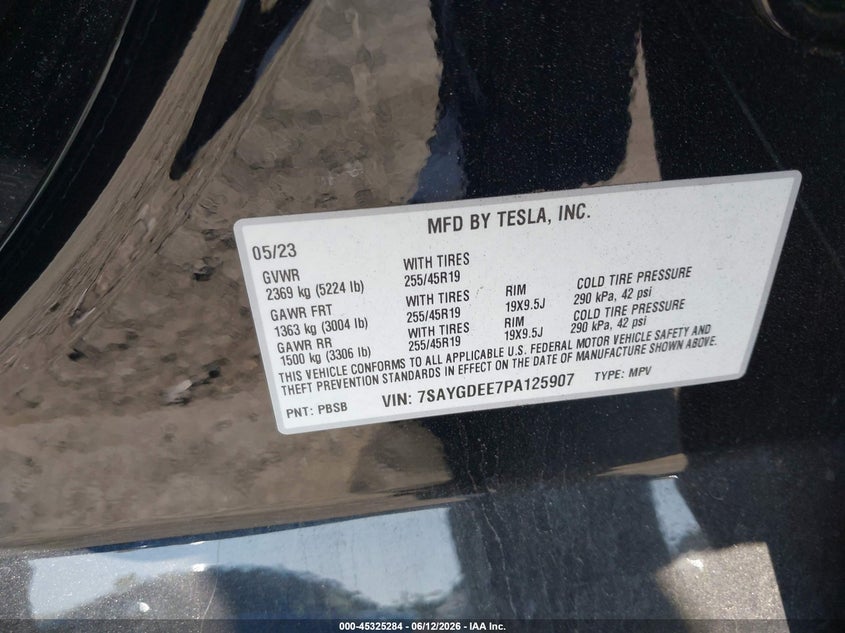2023 Tesla Model y VIN 7SAYGDEE7PA125907 IAAI salvage auction — LEFT REAR, Salvage Title, sold $7,900 on 2026-07-08 (photo 9)