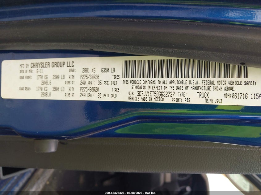 2011 Ram Ram 1500 VIN 3D7JV1ET5BG632737 IAAI salvage auction — REAR END, Clear (Indiana), sold $925 on 2026-08-14 (photo 9)