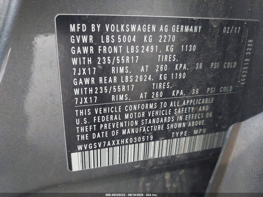 2017 Volkswagen Tiguan VIN WVGSV7AXXHK030519 IAAI salvage auction — ROOF, Mv-907A (New York), sold $775 on 2026-07-15 (photo 9)
