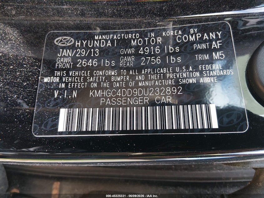 2013 Hyundai Genesis VIN KMHGC4DD9DU232892 IAAI salvage auction — LEFT FRONT, Salvage Title, sold $650 on 2026-07-22 (photo 9)
